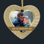 Elegant Gold Photo Template Our First Valentine Keramikornament<br><div class="desc">This elegant ornament features your special photograph within a shiny gold heart shaped frame against a pretty gold geometric pattern background. Your text is in light gold on a dark antique gold banner that is framed in thin gold. The back of the ornament has a heart shaped field with more...</div>