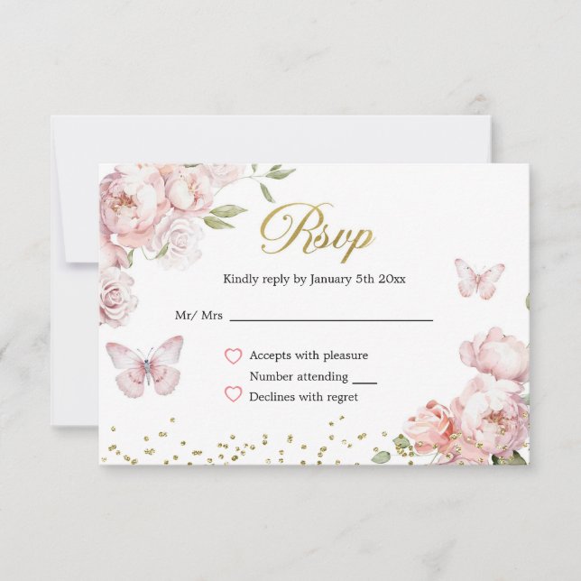 Elegant Gold Pink Floral Mis Quince Años Antwort (Vorderseite)