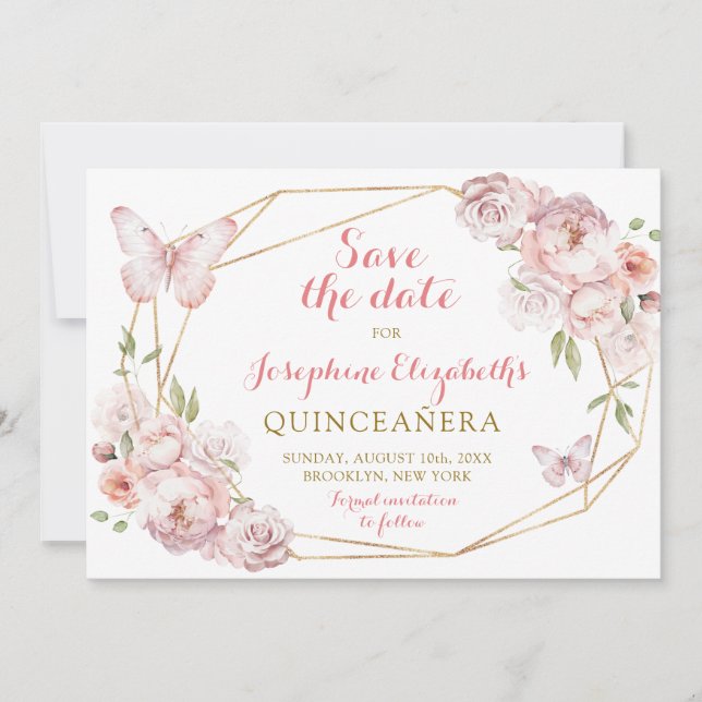 Elegant Gold Pink Floral Mis XV Años Save the Date Einladung (Vorderseite)