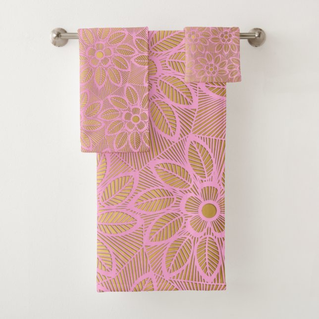 ELEGANT GOLD PINK LACE FLORAL BADEZIMMER TOWEL SET (Insitu)