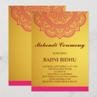 Elegant Gold Pink Paisley Indian Mehndi Zeremonie Einladung