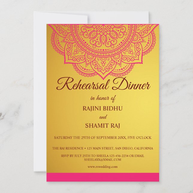 Elegant Gold Pink Paisley Indian Probe Dinner Einladung (Vorderseite)