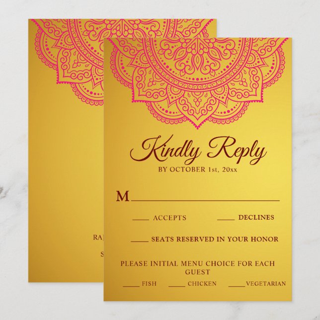 Elegant Gold Pink paisley Indian Wedding RSVP (Vorne/Hinten)