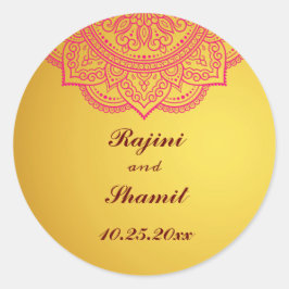 Elegant Gold Pink Red Indian Paisley Wedding Clas Runder Aufkleber