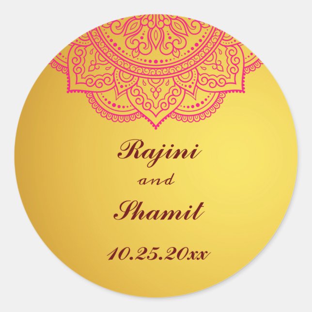 Elegant Gold Pink Red Indian Paisley Wedding Clas Runder Aufkleber (Vorderseite)