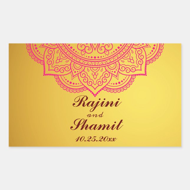 Elegant Gold Pink Red Indian Paisley Wedding Recta Rechteckiger Aufkleber (Vorderseite)