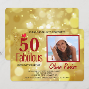 Elégant Gold Red 50th Birthday Party Invitation