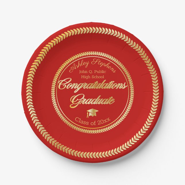Elegant Gold | Red Grad Cap Class of 2023 Pappteller (Vorderseite)