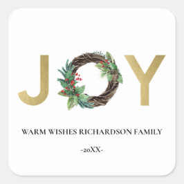 ELEGANT GOLD RED HOLLY BERRY JOY WREATH CHRISTMAS QUADRATISCHER AUFKLEBER