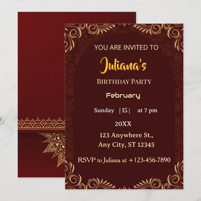 Elegant Gold Red Royal Minimal Birthday Invitation Einladung (Vorne/Hinten)