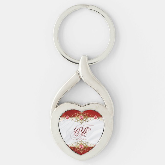 Elegant Gold Red White Wedding Monogram Schlüsselanhänger (Vorderseite)