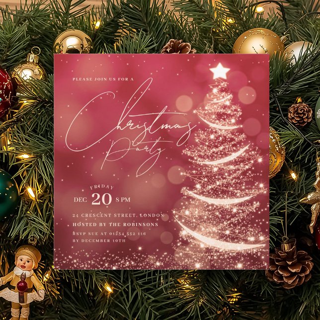 ELEGANT Gold Red Winter Christmas Tree Party  Einladung (ELEGANT Gold Red Winter Christmas Tree Party Invitation)