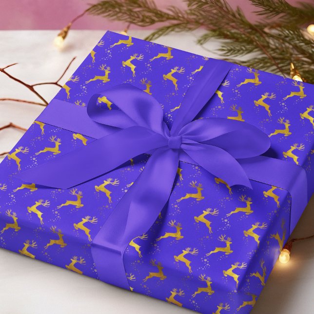Elegant Gold Reindeer Blauer Weihnachtsfeiertag Geschenkpapier (Von Creator hochgeladen)