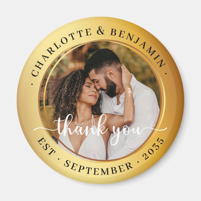 Elegant Gold Rings Couple Foto Wedding Vielen Dank Magnet (Vorne)