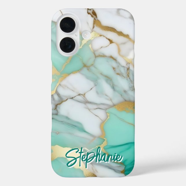 Elegant Gold Sage Green Marble Custom Name iPhone 16 Hülle (Rückseite)