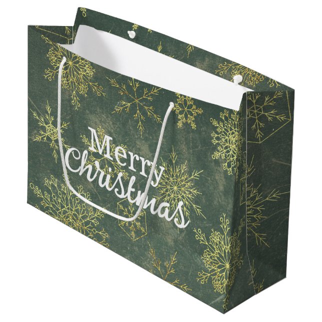 Elegant Gold Sage Green Snowflakes Frohe Weihnacht Große Geschenktüte (Vorderseite Schrägansicht)