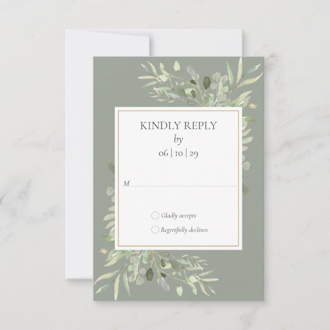 Elegant Gold Sage Grüne Hochzeit RSVP Karte (Vorderseite)