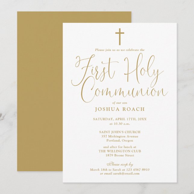 Elegant Gold Scrip Erste Heilige Kommunion Einladung (Vorne/Hinten)