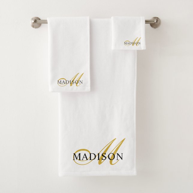 Elegant Gold Script Anfangsname Monogram White Badhandtuch Set (Insitu)