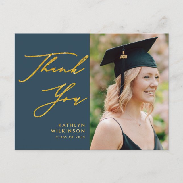 Elegant Gold Script Dusty Blue GRAD Vielen Dank Postkarte (Vorderseite)