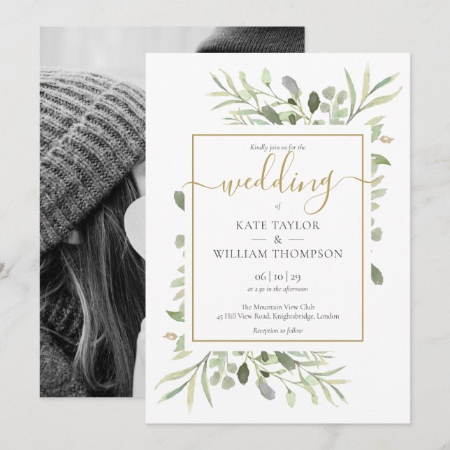 Elegant Gold Script Greenerity Blätter Foto Weddin Einladung (Vorne/Hinten)
