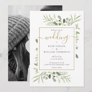 Elegant Gold Script Greenerity Blätter Foto Weddin Einladung
