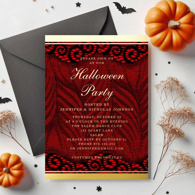 Elegant Gold Script Lace Halloween Folieneinladung (Elegant Gold Script Lace Halloween Foil Invitation)
