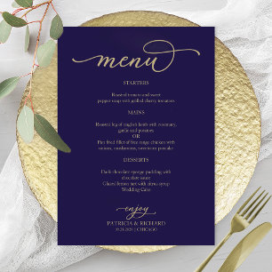Elégant Gold Script Marine Blue Mariage Menu