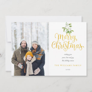 Elegant Gold Script Merry Christmas Mistletoe Feiertagskarte