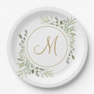 Elegant Gold Script Monogram Greenery Pappteller
