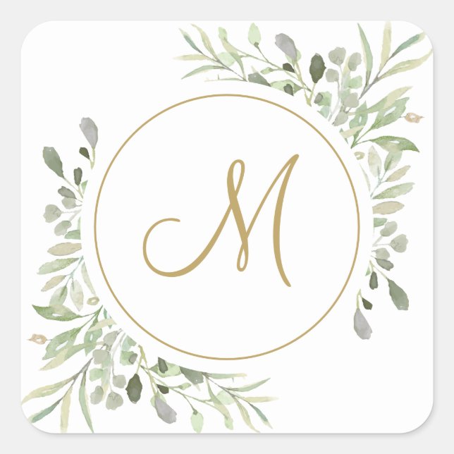 Elegant Gold Script Monogram Greenery Quadratischer Aufkleber (Vorderseite)