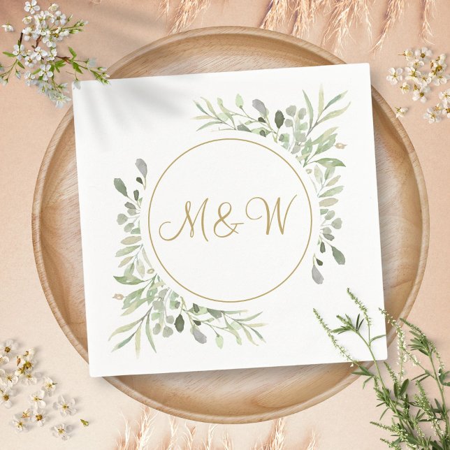 Elegant Gold Script Monogram Initials Greenerity Serviette (Elegant Gold Script Monogram Initials Greenery Napkins)