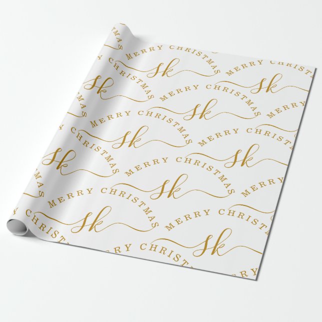 Elegant Gold Script Name Monogram Frohe Weihnachte Geschenkpapier (Ungerollt)