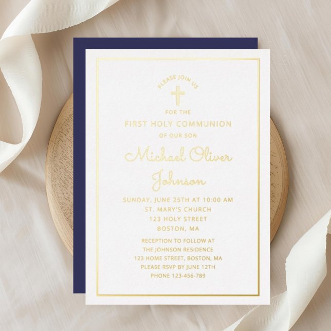Elegant Gold Script Navy Blue First Communation Folieneinladung (Elegant Gold Script Navy Blue First Communion Foil Invitation)