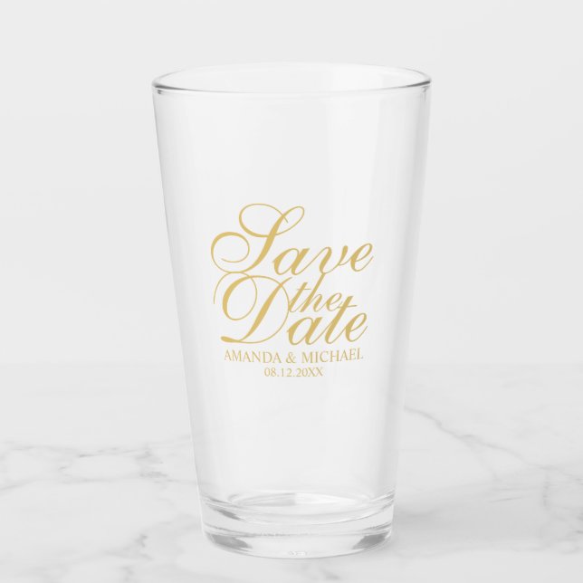 Elegant Gold Script Wedding Save the Date Glas (Vorderseite)