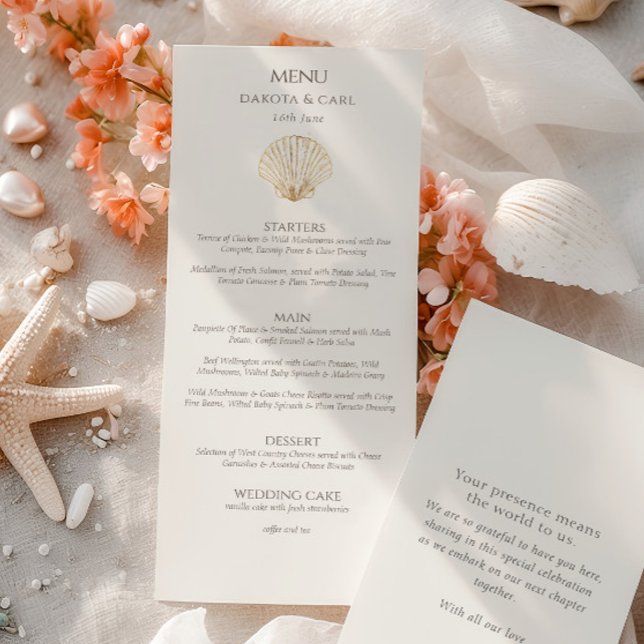 Elegant Gold Seashell Creamy Double Side Wedding  Menükarte (Elegant Gold Seashell Creamy Double Side Wedding Menu)