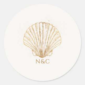 Elegant Gold Seashell Names Initials Wedding Runder Aufkleber