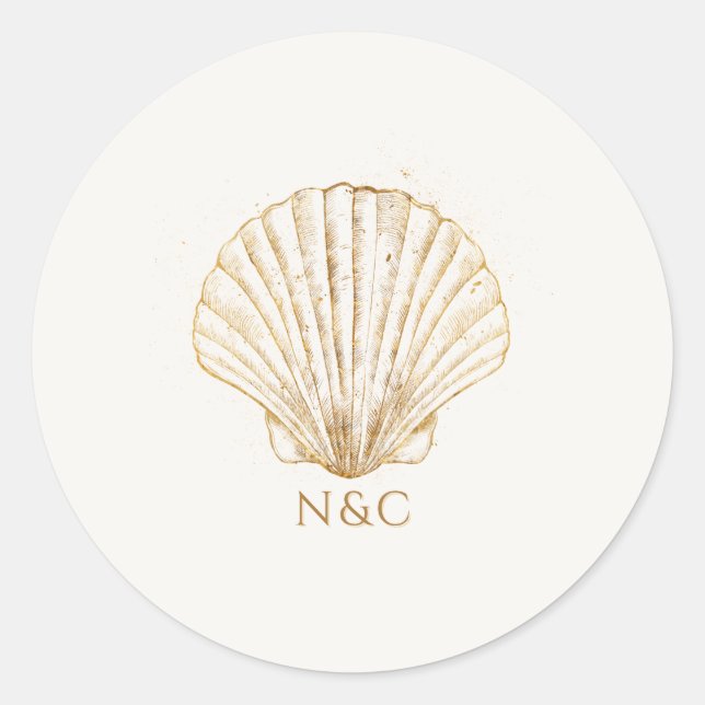 Elegant Gold Seashell Names Initials Wedding Runder Aufkleber (Vorderseite)