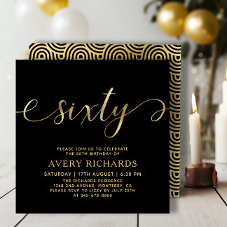 Elegant Gold Sechziges Script Black 60. Geburtstag Einladung