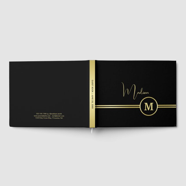Elegant Gold Signature Monogram on Black Gästebuch (Voll)