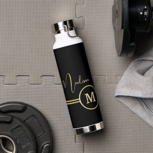 Elegant Gold Signature Monogram on Black Trinkflasche (Fitnessstudio)