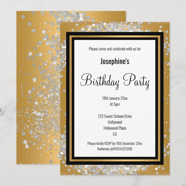 ELEGANT GOLD SILVER HOLOGRAPHIC BLACK BIRTHDAY EINLADUNG (Vorne/Hinten)