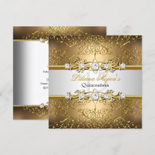 Elegant Gold Silver Swirl Damask Quinceanera Einladung