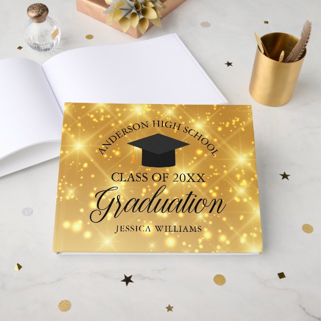 Elegant Gold Sparkle 2025 Abschluss Custom School Gästebuch (Vorderseite Offen)