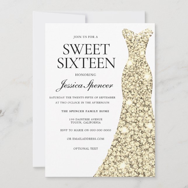 Elegant Gold Sparkle Dress Sweet 16 Einladung (Vorderseite)