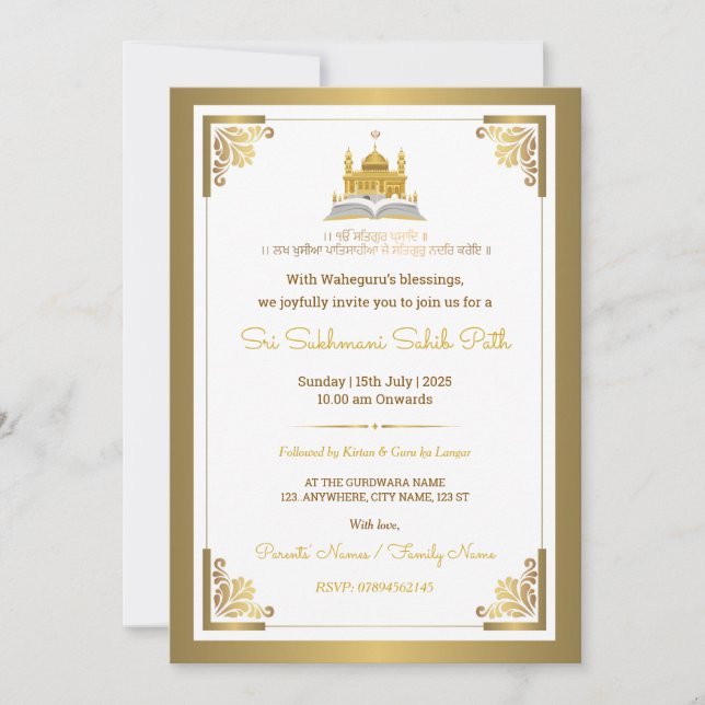 Elegant Gold Sri Sukhmani Sahib Path Invitation (Devant)