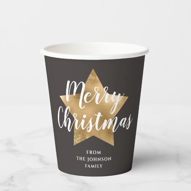 Elegant Gold Star Frohe Weihnachten Pappbecher (Vorderseite)