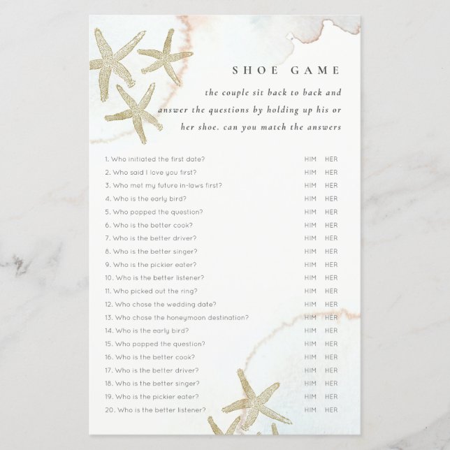 Elegant Gold Starfish Shoe Game Bridal Shower Game (Vorderseite)