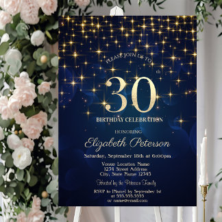 Elegant Gold Stars Navy Blue 30. Geburtstag Party Einladung