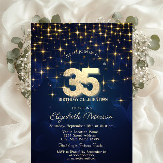 Elegant Gold Stars Navy Blue 35. Geburtstagsparty Einladung